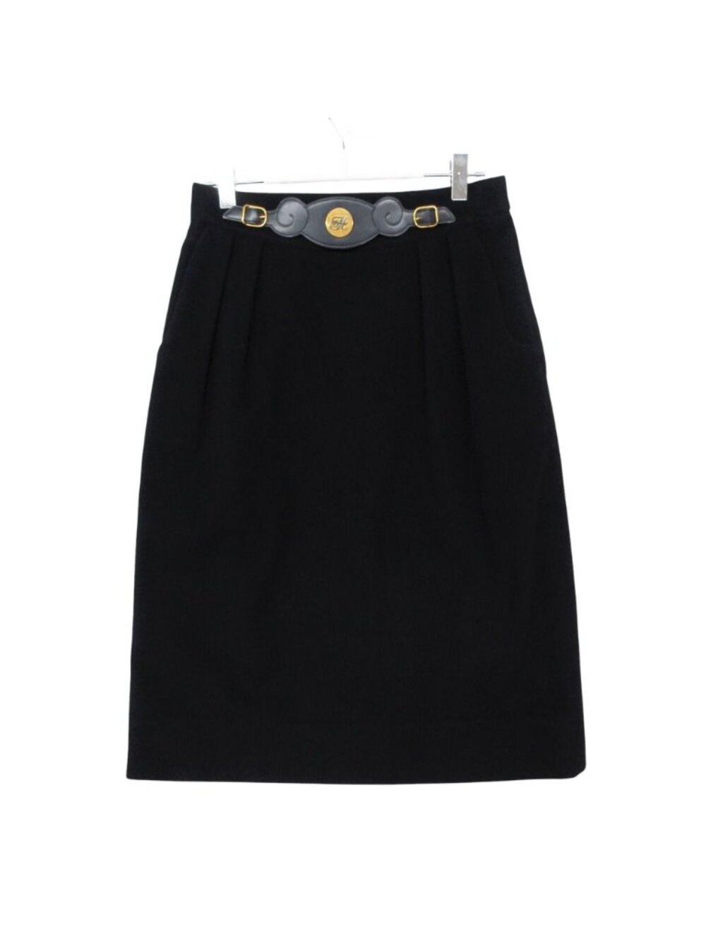 Hermes Skirt Cashmere 100% Fitted Knee-length Vintage Logo with Belt Navy